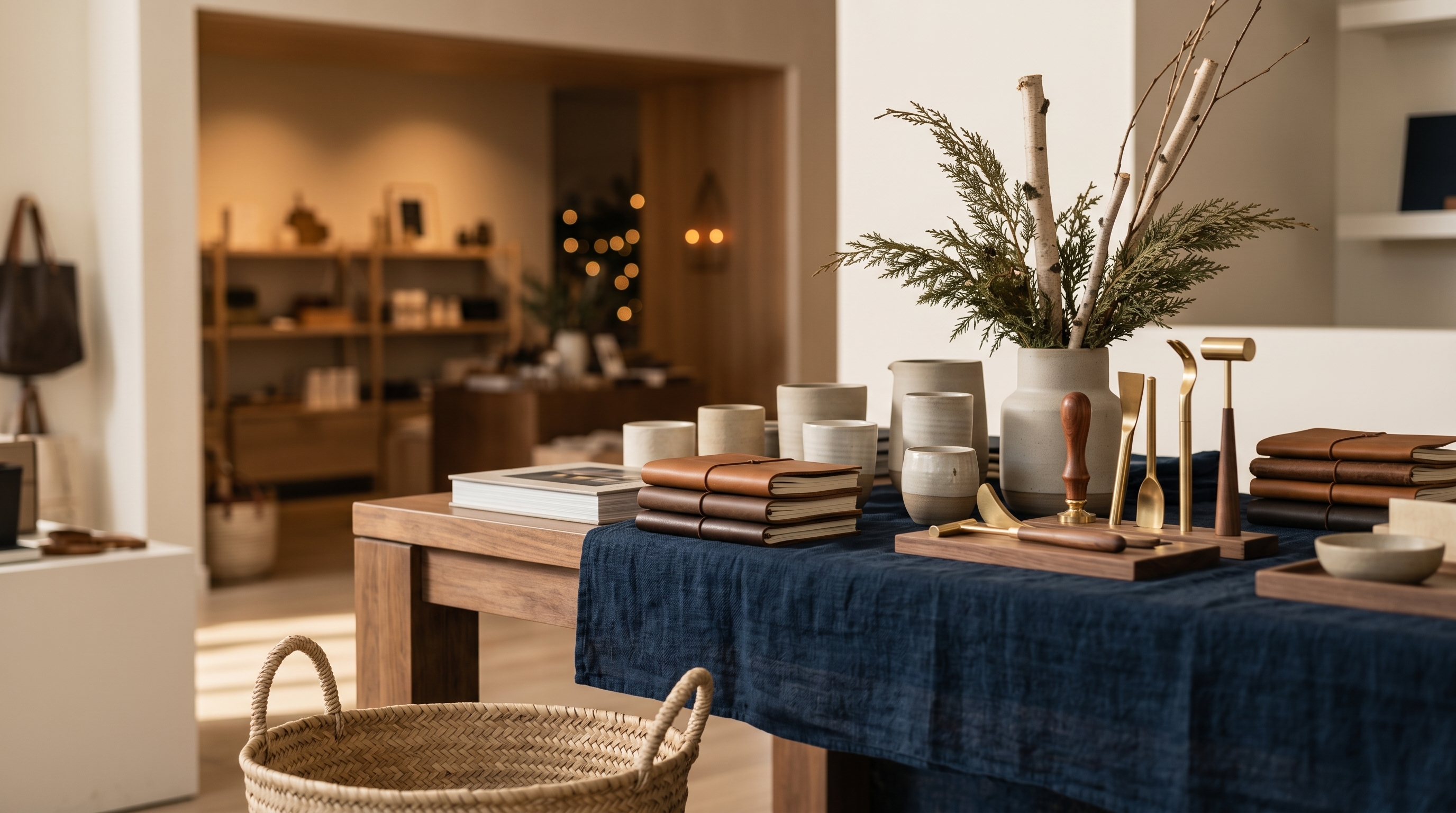 Editorial wide-angle interior of a seasonal retail floor with neutral wood fixtures, warm directional daylight, restrained cream and deep-navy palette, no faces or logos.